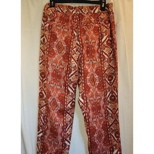 Rachel Zoe Linen Pants Casual Pull On Medium Orange Red Boho Print‎ Cropped
